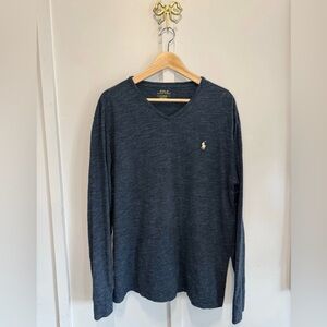 Polo Ralph Lauren Pullover Shirt Men's Heather Navy Blue Long Sleeve V-Neck L